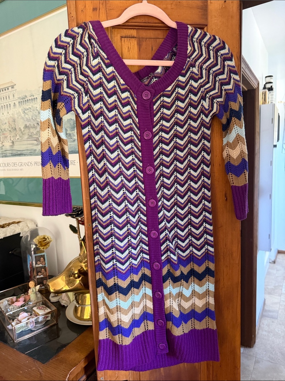 Purple Chevron Knit Button-Front Cardigan Dress
